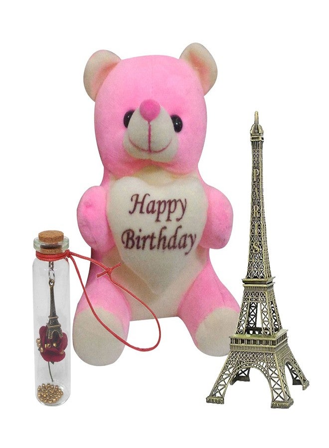 Natali Birthday Gift Combo - Birthday Soft Toy, Message Bottle & Eiffel Tower Showpiece - Image 1