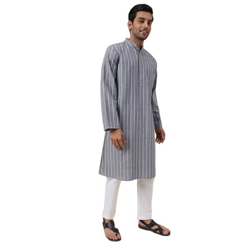 Fabindia Men's Cotton Self Design Relaxed Kurta (1030804GREY_Grey - Image 3