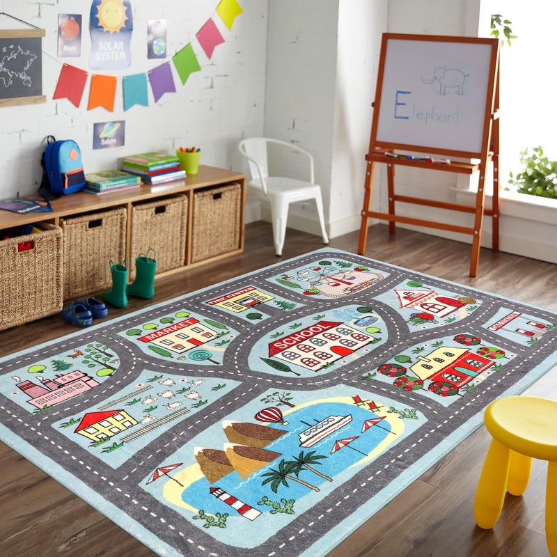 LIVEBOX Large Playroom Rug 5'x7' Kids Play Mat for Classroom, Road Traffic Carpet for Boys Girls Playing Cars Toys, City Life Nursery Car Rug for Toddlers Bedroom Kids Room - Image 1