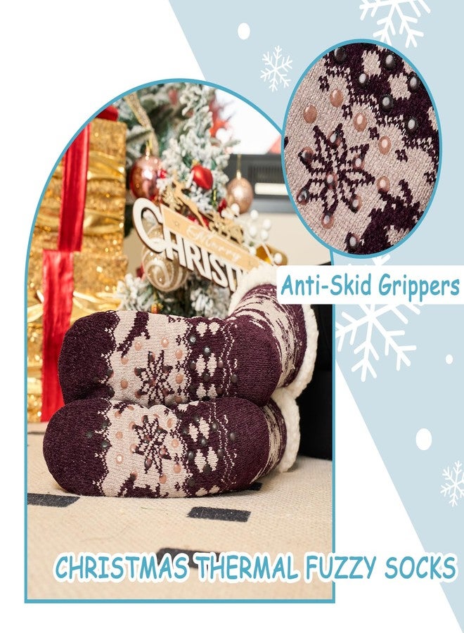 Aisyee Elk Women's Fuzzy Socks - Thick Winter Warm Fleece Lined Thermal Fluffy Socks with Grips - Snowflake Pattern - 3 Pack - Image 3