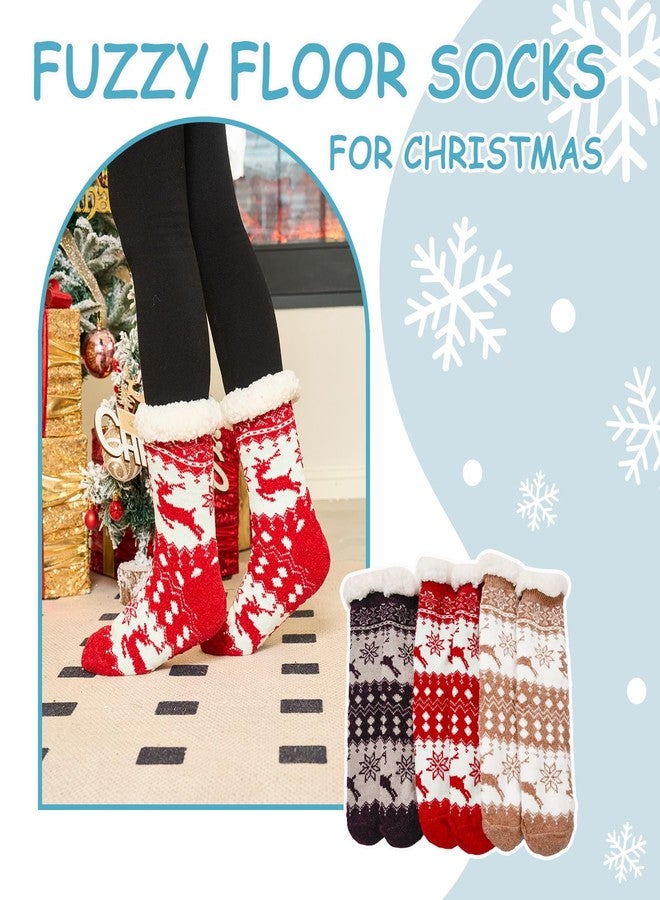 Aisyee Elk Women's Fuzzy Socks - Thick Winter Warm Fleece Lined Thermal Fluffy Socks with Grips - Snowflake Pattern - 3 Pack - Image 2