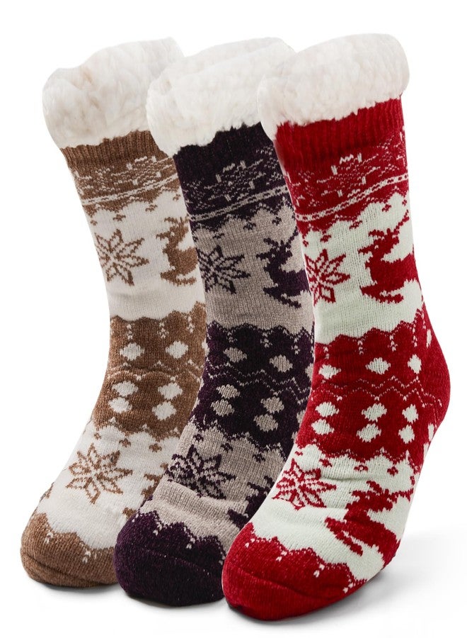 Aisyee Elk Women's Fuzzy Socks - Thick Winter Warm Fleece Lined Thermal Fluffy Socks with Grips - Snowflake Pattern - 3 Pack - Image 1