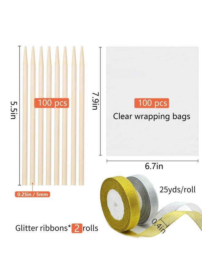 YESTOO YESTOO 200 Pack Candy Apple Caramel Apple Sticks and Bags,100 Bags,100 Sticks, 50 Yard Gold and Silver Glitter Ribbon Caramel Apple Making kit  - Image 2