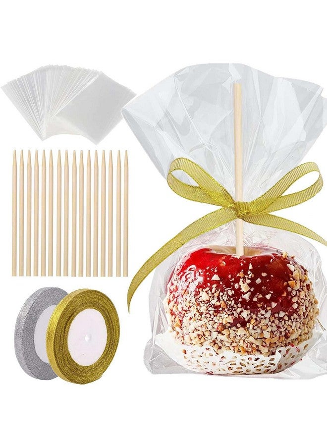 YESTOO YESTOO 200 Pack Candy Apple Caramel Apple Sticks and Bags,100 Bags,100 Sticks, 50 Yard Gold and Silver Glitter Ribbon Caramel Apple Making kit  - Image 1