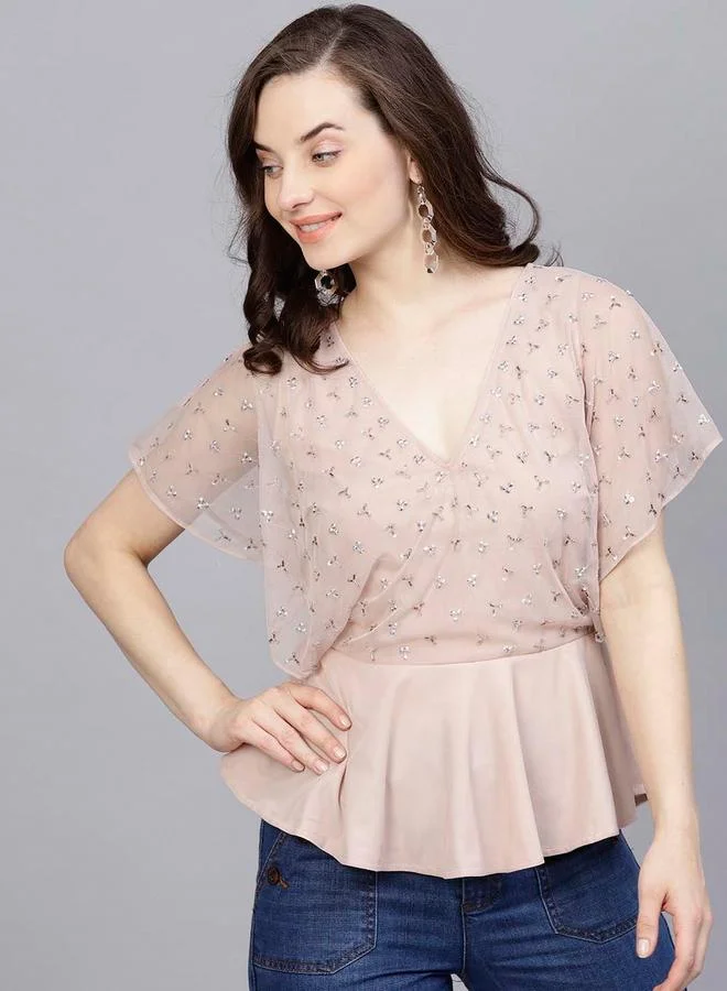 STREET 9 بلوزة نسائية مزينة بياقة بيبلوم من ستريت