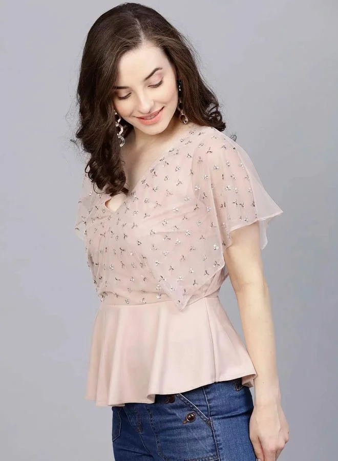 STREET 9 بلوزة نسائية مزينة بياقة بيبلوم من ستريت