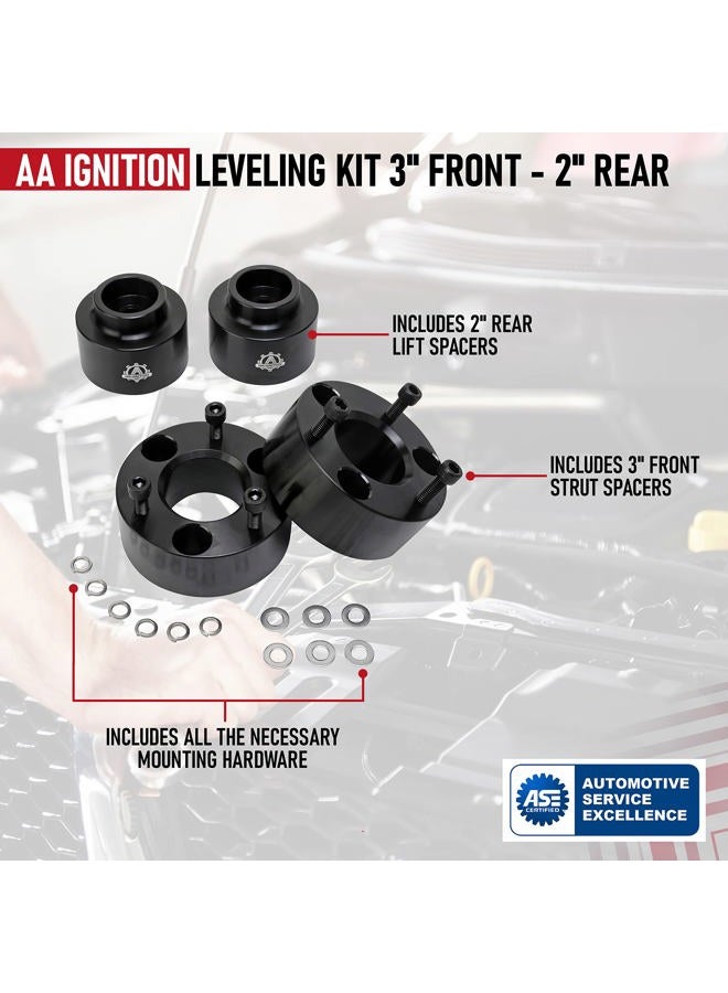 AA Ignition 3 Inch Front and 2 Inch Rear Leveling Kit, Compatible with Dodge Ram 1500 4WD - 2009-2018 4x4-3" Front, 2" Rear Strut Suspension Lift Spacers Set - Forged Aircraft Billet Aluminum Construction - Image 3