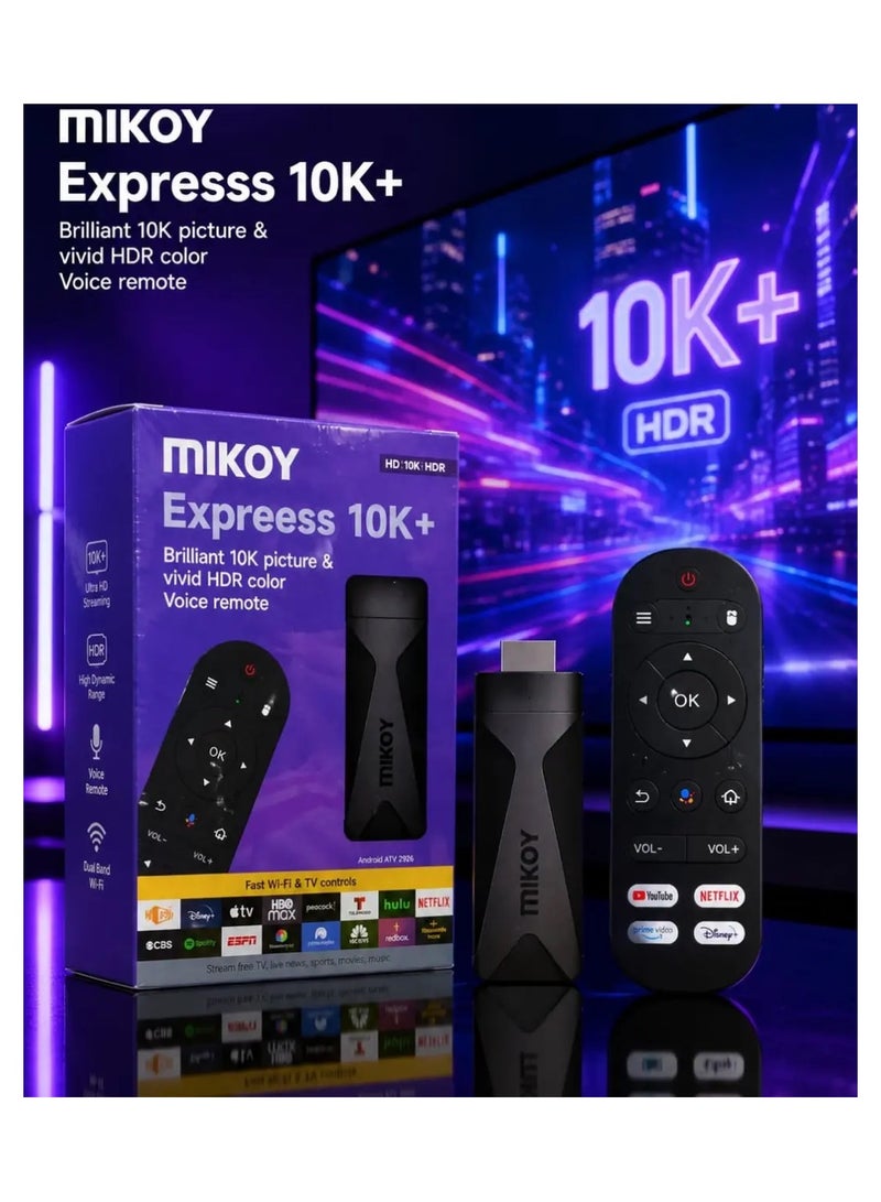 YJ MIKOY Expresss 4K+ Android TV Stick 4K HDR Streaming Device with Voice Remote, Dual Band WiFi, Smart TV Dongle, Netflix, YouTube, Prime Video, Disney+, Apple TV Compatible - Image 1