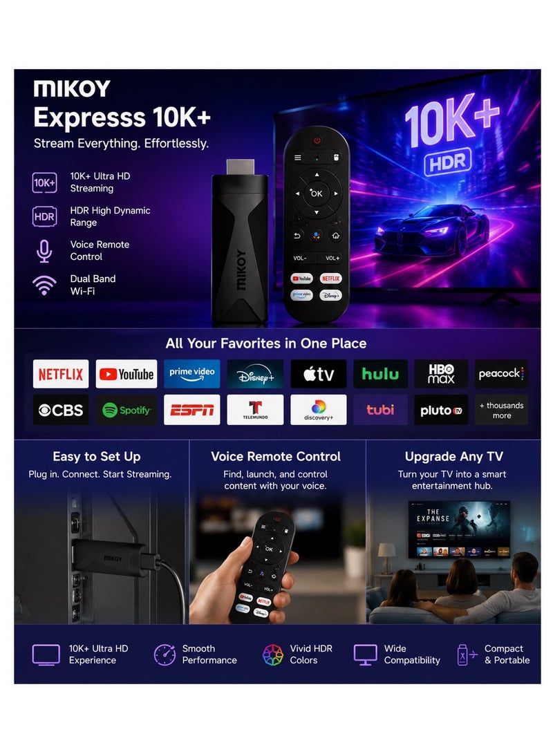 YJ MIKOY Expresss 4K+ Android TV Stick 4K HDR Streaming Device with Voice Remote, Dual Band WiFi, Smart TV Dongle, Netflix, YouTube, Prime Video, Disney+, Apple TV Compatible - Image 2
