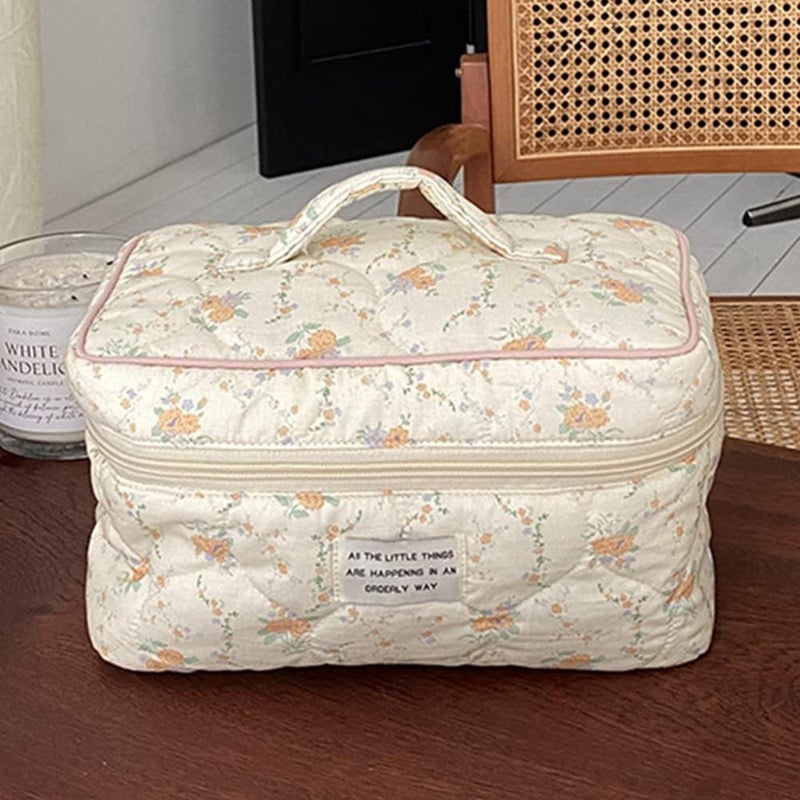 Juoxeepy Cotton Makeup Bag Large Travel Cosmetic Bag Quilted Cosmetic Pouch Coquette Aesthetic Floral Toiletry Bag - Image 2