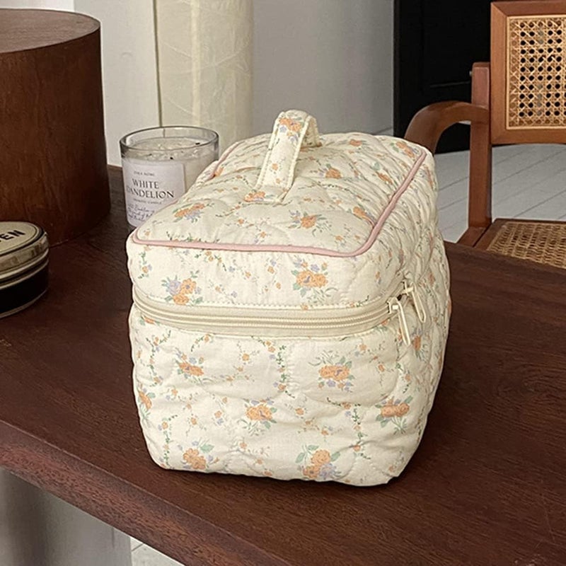 Juoxeepy Cotton Makeup Bag Large Travel Cosmetic Bag Quilted Cosmetic Pouch Coquette Aesthetic Floral Toiletry Bag - Image 4