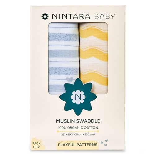 NINTARABABY Swaddles - 100% Organic Premium Muslin Cotton, 39" x 39" (100 cm x 100 cm), Ultra-Soft, Breathable & Lightweight, Multipurpose, Unisex, Hypoallergenic, Gifts for Newborn Babies, Pack of 2 - Image 1