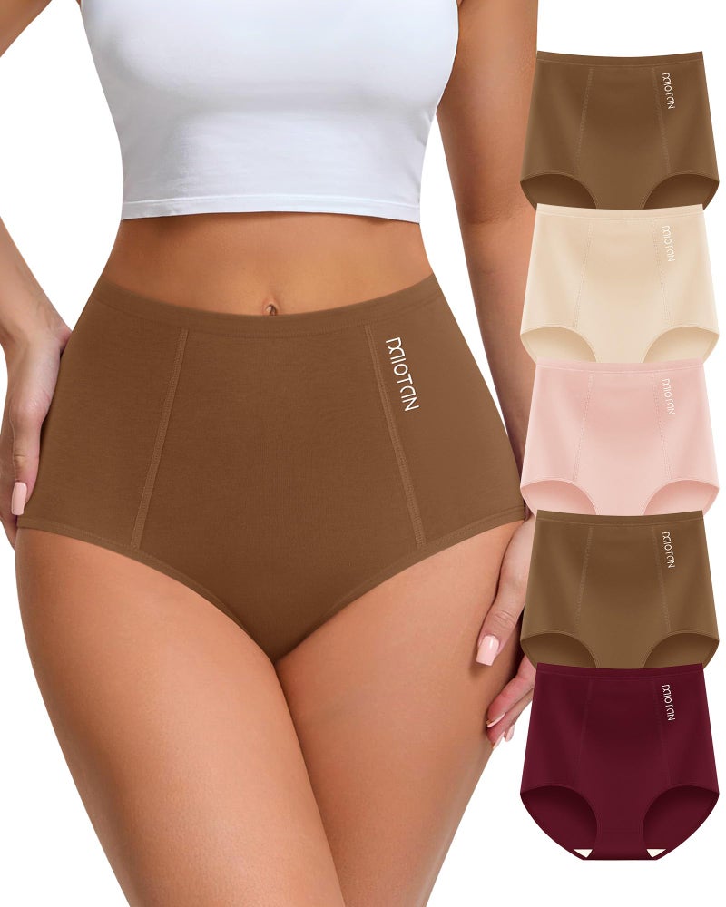 MIOTAN Womens Underwear Cotton High Waisted Ladies Panties Full Coverage Postpartum Briefs Comfortable Breathable Post partum 5 Pack Brown Multicolor L - Image 1