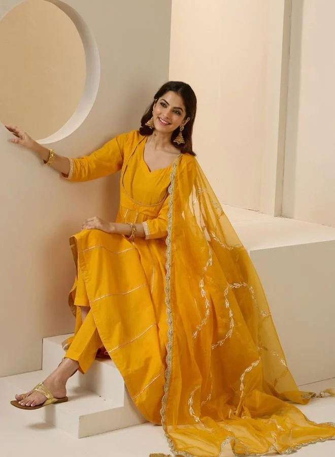 ISHIN Women'S Yellow 100% Cotton Embroidered Tunic Full Length Palazzo Straight Fit Kurta Set