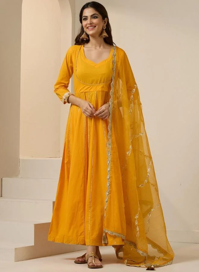 ISHIN Women'S Yellow 100% Cotton Embroidered Tunic Full Length Palazzo Straight Fit Kurta Set