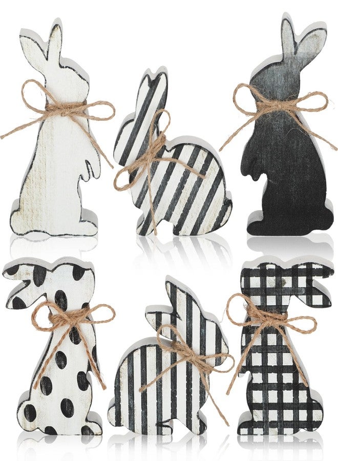 Bememo 6 Pcs Easter Bunny Wooden Signs Spring Wood Tabletop Bunny Decor Rabbit Decor Black and White Bunny Decor Rustic Rabbit Ornament with Ropes for Party Easter Gifts Home Tiered Tray Decor - Image 1
