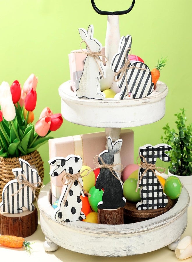 Bememo 6 Pcs Easter Bunny Wooden Signs Spring Wood Tabletop Bunny Decor Rabbit Decor Black and White Bunny Decor Rustic Rabbit Ornament with Ropes for Party Easter Gifts Home Tiered Tray Decor - Image 4
