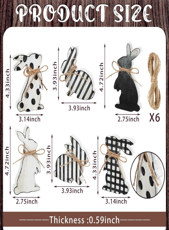 Bememo 6 Pcs Easter Bunny Wooden Signs Spring Wood Tabletop Bunny Decor Rabbit Decor Black and White Bunny Decor Rustic Rabbit Ornament with Ropes for Party Easter Gifts Home Tiered Tray Decor - Image 3