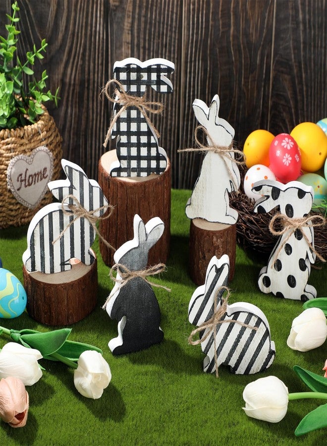 Bememo 6 Pcs Easter Bunny Wooden Signs Spring Wood Tabletop Bunny Decor Rabbit Decor Black and White Bunny Decor Rustic Rabbit Ornament with Ropes for Party Easter Gifts Home Tiered Tray Decor - Image 2