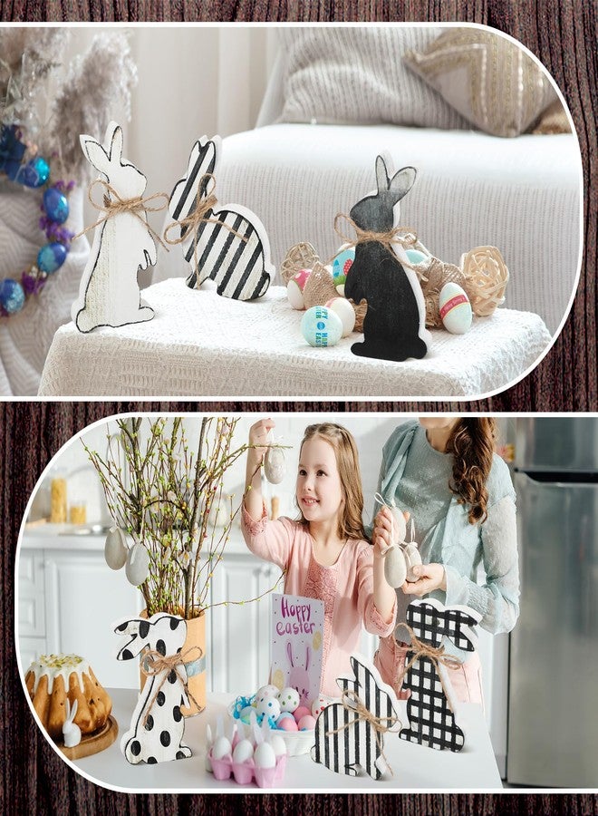 Bememo 6 Pcs Easter Bunny Wooden Signs Spring Wood Tabletop Bunny Decor Rabbit Decor Black and White Bunny Decor Rustic Rabbit Ornament with Ropes for Party Easter Gifts Home Tiered Tray Decor - Image 5