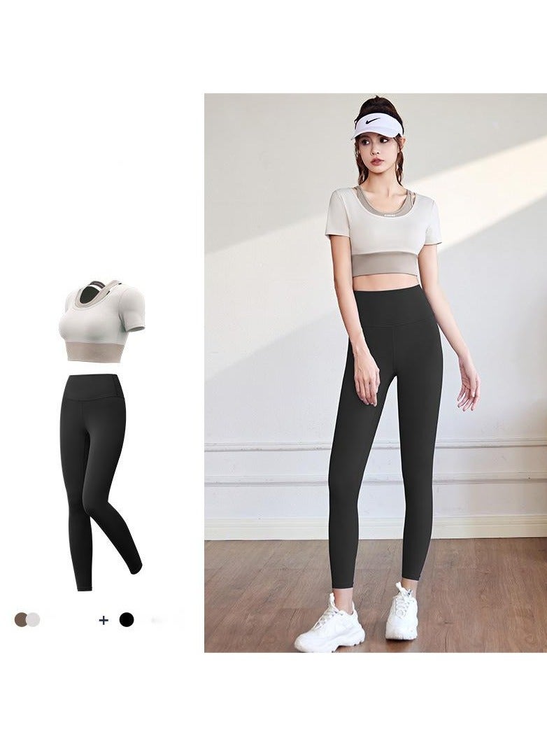 Generic Women's High-Waisted Yoga Pants With Short Sleeves, Breathable Belly Control Yoga Leggings With Short Sleeve Set Exercise, Gym, Sports, Outdoors  - Image 1