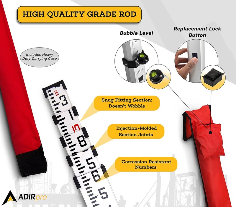 AdirPro 16-Foot Aluminum Grade Rod - 10ths, Dual Sided 5-Section Telescopic Leveling Rod – Bubble Level and Soft Carrying Case Included - Image 2