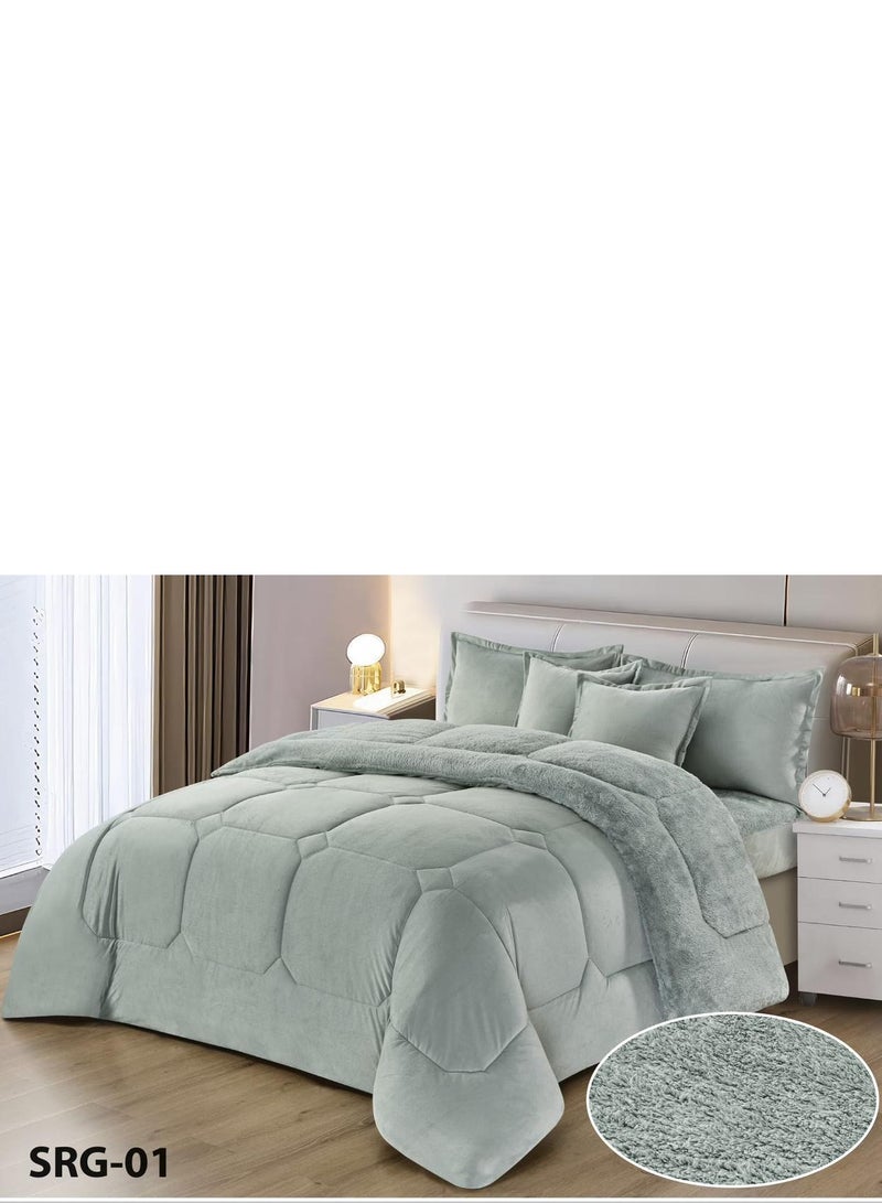 مينج لي مفرش نفرين نظام وجهين وجه مخمل ووجه فرو ناعم نظام 6قطع حشوه وسط عملي /King size230*250cm/ رصاصي