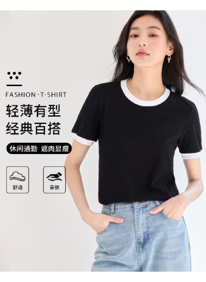 Hstyle Commuting Color Block Round Neck Short Sleeve T-shirt For Women - 2025 Summer Versatile Slimming Loose Fit Regular Shoulder Basic Top - Image 1