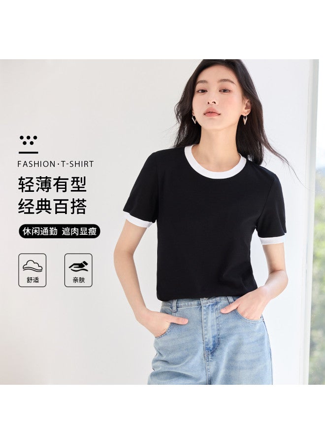 Hstyle Commuting Color Block Round Neck Short Sleeve T-shirt For Women - 2025 Summer Versatile Slimming Loose Fit Regular Shoulder Basic Top - Image 2