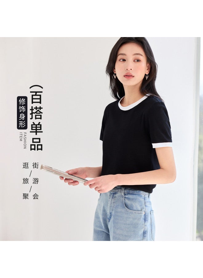 Hstyle Commuting Color Block Round Neck Short Sleeve T-shirt For Women - 2025 Summer Versatile Slimming Loose Fit Regular Shoulder Basic Top - Image 4