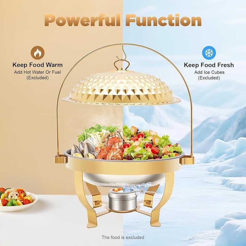 ذه المجموعة من الفولاذ المقاوم للصدأ الذهبي الدائري للبوفيه سعة 6 لتر مع غطاء معلق وموقد طعام وأجهزة تدفئة - Image 5