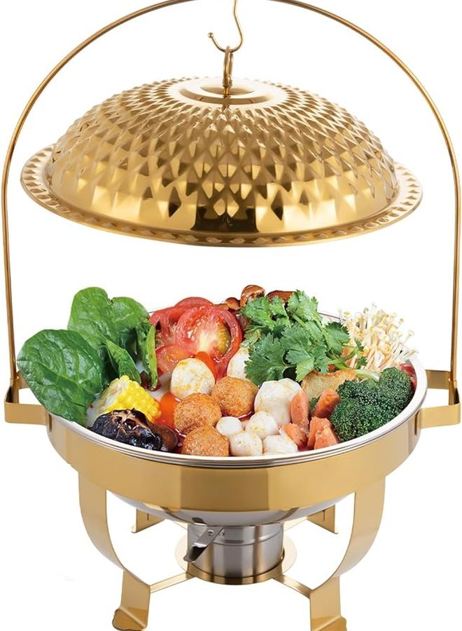 ذه المجموعة من الفولاذ المقاوم للصدأ الذهبي الدائري للبوفيه سعة 6 لتر مع غطاء معلق وموقد طعام وأجهزة تدفئة - Image 2