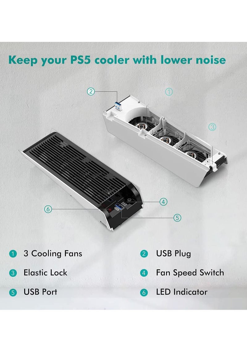 Generic - PS5 Fan Cooling Fan, PS5 Cooling Fan with LED Light, Upgraded Quiet Cooler Fan with 3 Fans & Controller USB Port for Playstation 5 PS5 Digital Edition/Ultra HD Console(White) - Image 1