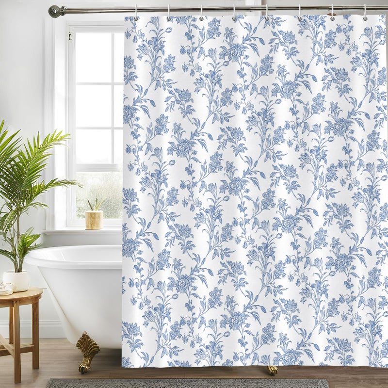 Seorsok Blue Shower Curtain,Sage Cotton Floral Cottagecore,Elegant Floral Fabric Shower Curtain Machine Washable Waterproof Bathroom Decor 72'Wx72'L inches - Image 1