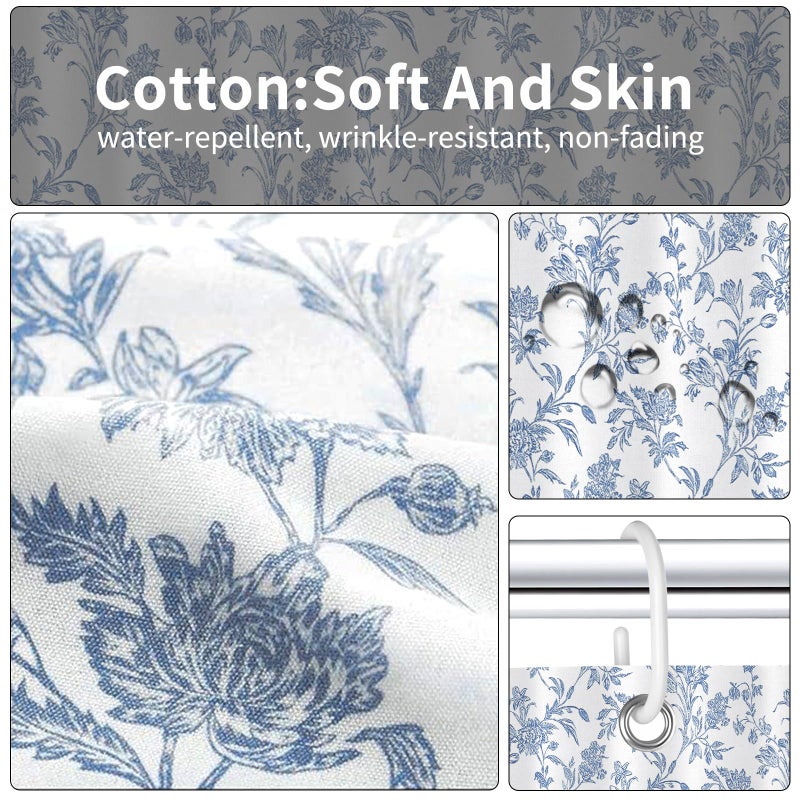 Seorsok Blue Shower Curtain,Sage Cotton Floral Cottagecore,Elegant Floral Fabric Shower Curtain Machine Washable Waterproof Bathroom Decor 72'Wx72'L inches - Image 5