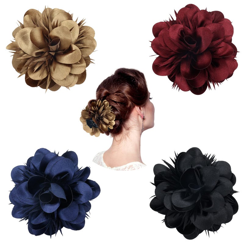 Dizila 4 Pack Plastic Hair Claws with Big Satin Flower Hair Clips Barrettes Jaws Grips Clamps Bun Updo Holders Hair Accessories for Women Girls - Image 1