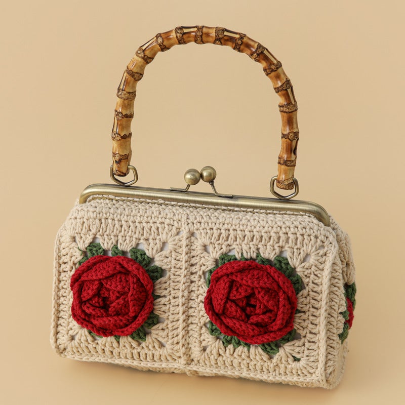 Republic Of China Style Creative Hand-Woven Gold Bamboo Bag Season 2 Big Rose Handbag Camellia Knitted Bag - Image 1