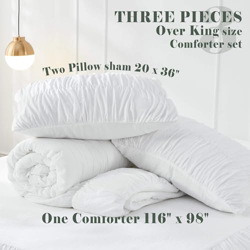 Bonlino King Size Fluffy 3 Piece Ruffle Comforter Set with Pillow in White - Soft and Luxury Boho Shabby Chic Bedroom Comforter - Image 5