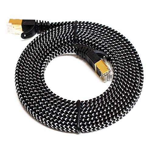 Tera Grand - 6FT - CAT7 10 Gigabit Ethernet Ultra Flat Patch Cable for Modem Router LAN Network - Braided Jacket, Gold Plated Shielded RJ45 Connectors, Faster Than CAT6a CAT6 CAT5e, Black & White - Image 3