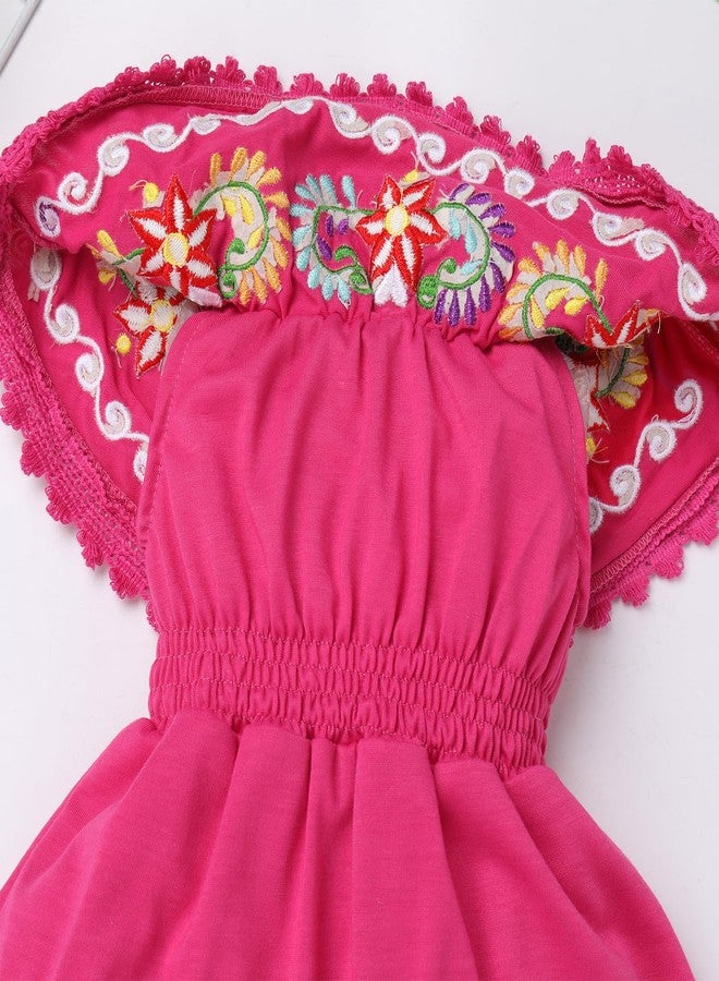 ODIZLI Mexican Dress for Girls Traditional Cinco de Mayo Fiesta Dress for Girls Off-Shoulder Mexican Ethnic Embroidered Floral Dress Sleeveless Toddler Kids Vestidos Tipicos Mexicanos Hot Pink 18-24 Months - Image 4
