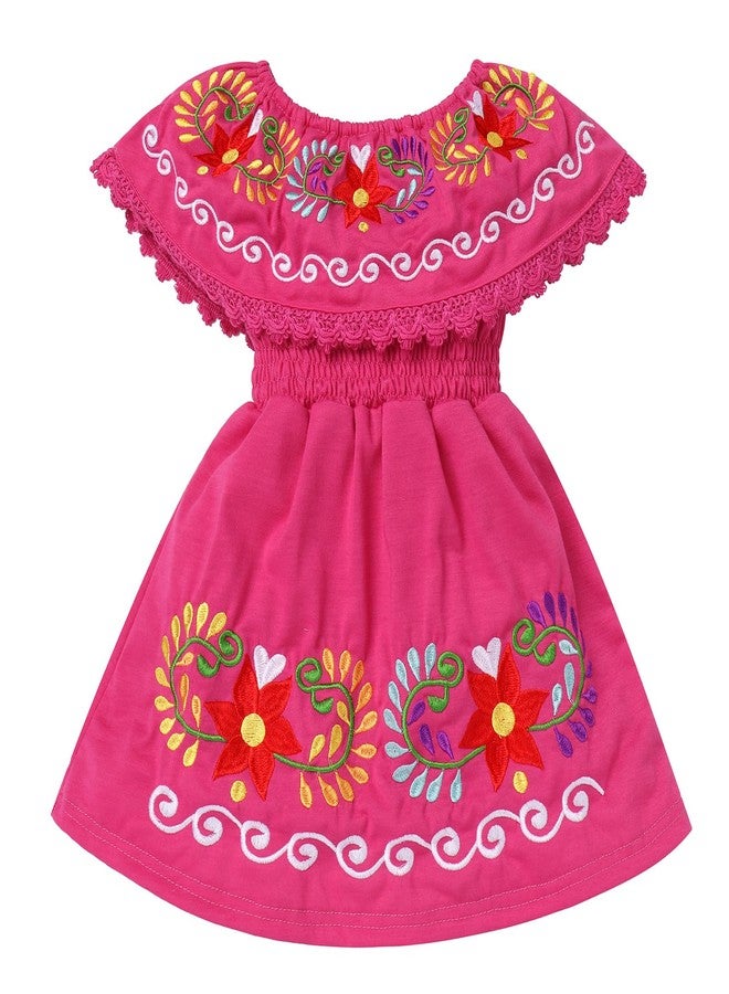 ODIZLI Mexican Dress for Girls Traditional Cinco de Mayo Fiesta Dress for Girls Off-Shoulder Mexican Ethnic Embroidered Floral Dress Sleeveless Toddler Kids Vestidos Tipicos Mexicanos Hot Pink 18-24 Months - Image 1