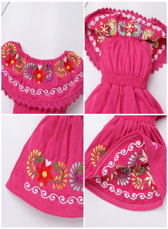 ODIZLI Mexican Dress for Girls Traditional Cinco de Mayo Fiesta Dress for Girls Off-Shoulder Mexican Ethnic Embroidered Floral Dress Sleeveless Toddler Kids Vestidos Tipicos Mexicanos Hot Pink 18-24 Months - Image 3