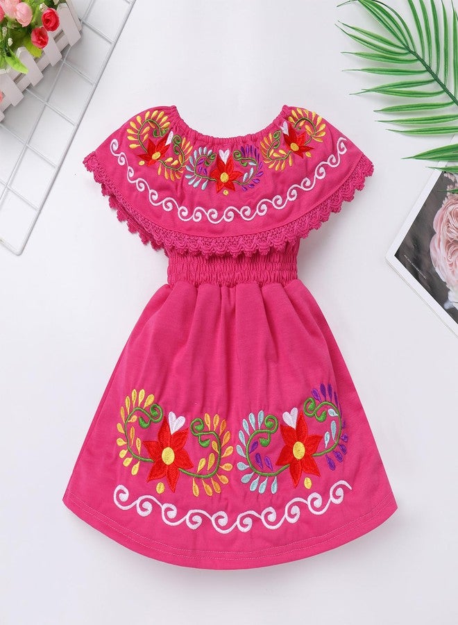 ODIZLI Mexican Dress for Girls Traditional Cinco de Mayo Fiesta Dress for Girls Off-Shoulder Mexican Ethnic Embroidered Floral Dress Sleeveless Toddler Kids Vestidos Tipicos Mexicanos Hot Pink 18-24 Months - Image 2