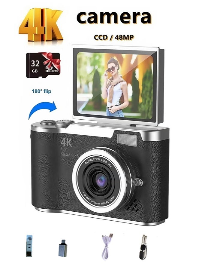 4k CCD Digital Zoom Student Digital Camera 48MP Portable Digital Photography Camera 180° Flip Screen Selfie Camera,free 128GB SD card
