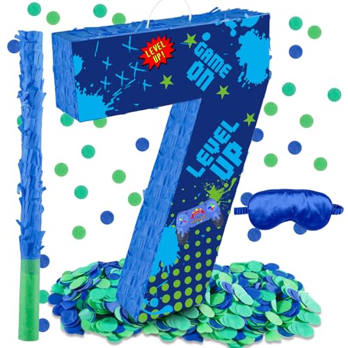 Lcoor Video Game 7th Birthday Decorations 157 Video Game Number 7 Piata with Blindfold Stick and Confetti for Level Up Sandbox Level 7 Birthday Party Supplies 7th - Image 1