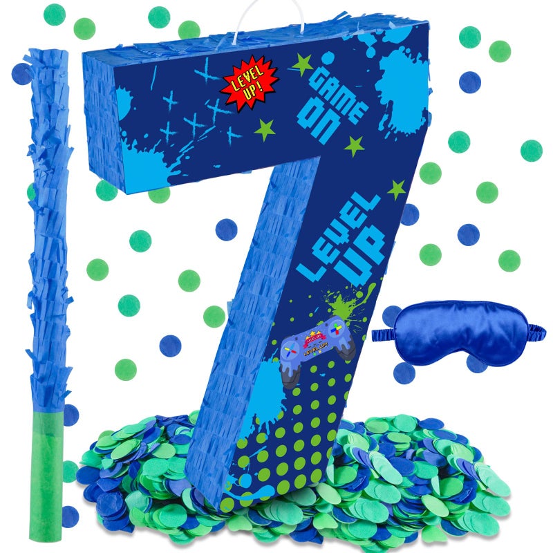 Lcoor Video Game 7th Birthday Decorations 157 Video Game Number 7 Piata with Blindfold Stick and Confetti for Level Up Sandbox Level 7 Birthday Party Supplies 7th - Image 3