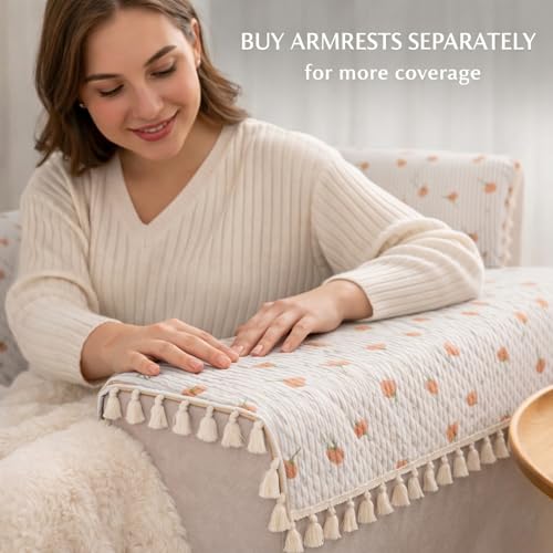 STITCHNEST غطاء أريكة مخملية مبطنة من ستشنيست مع خيوط – 24x60 بوصة، طباعة زهرية برتقالية مع خطوط، ناعم وأنيق، واقي أريكة قابل للغسل لمقعد واحد - Image 2