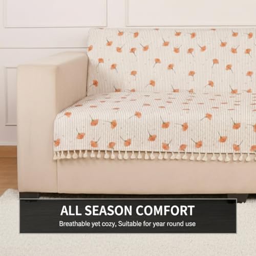 STITCHNEST غطاء أريكة مخملية مبطنة من ستشنيست مع خيوط – 24x60 بوصة، طباعة زهرية برتقالية مع خطوط، ناعم وأنيق، واقي أريكة قابل للغسل لمقعد واحد - Image 5