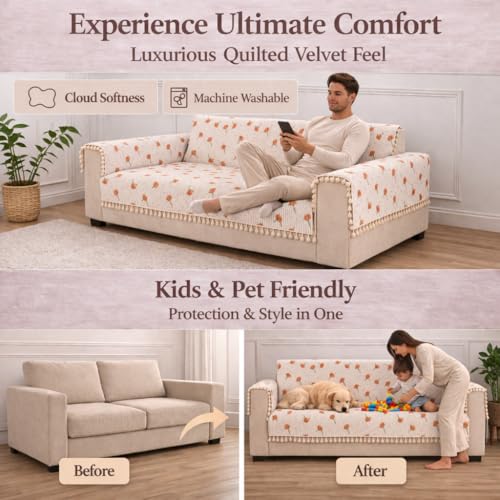 STITCHNEST غطاء أريكة مخملية مبطنة من ستشنيست مع خيوط – 24x60 بوصة، طباعة زهرية برتقالية مع خطوط، ناعم وأنيق، واقي أريكة قابل للغسل لمقعد واحد - Image 3