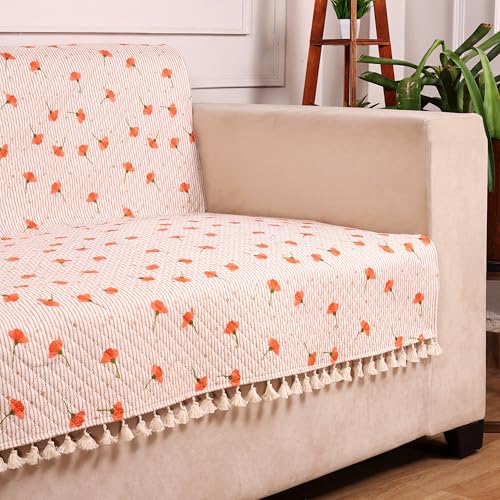 STITCHNEST غطاء أريكة مخملية مبطنة من ستشنيست مع خيوط – 24x60 بوصة، طباعة زهرية برتقالية مع خطوط، ناعم وأنيق، واقي أريكة قابل للغسل لمقعد واحد - Image 1